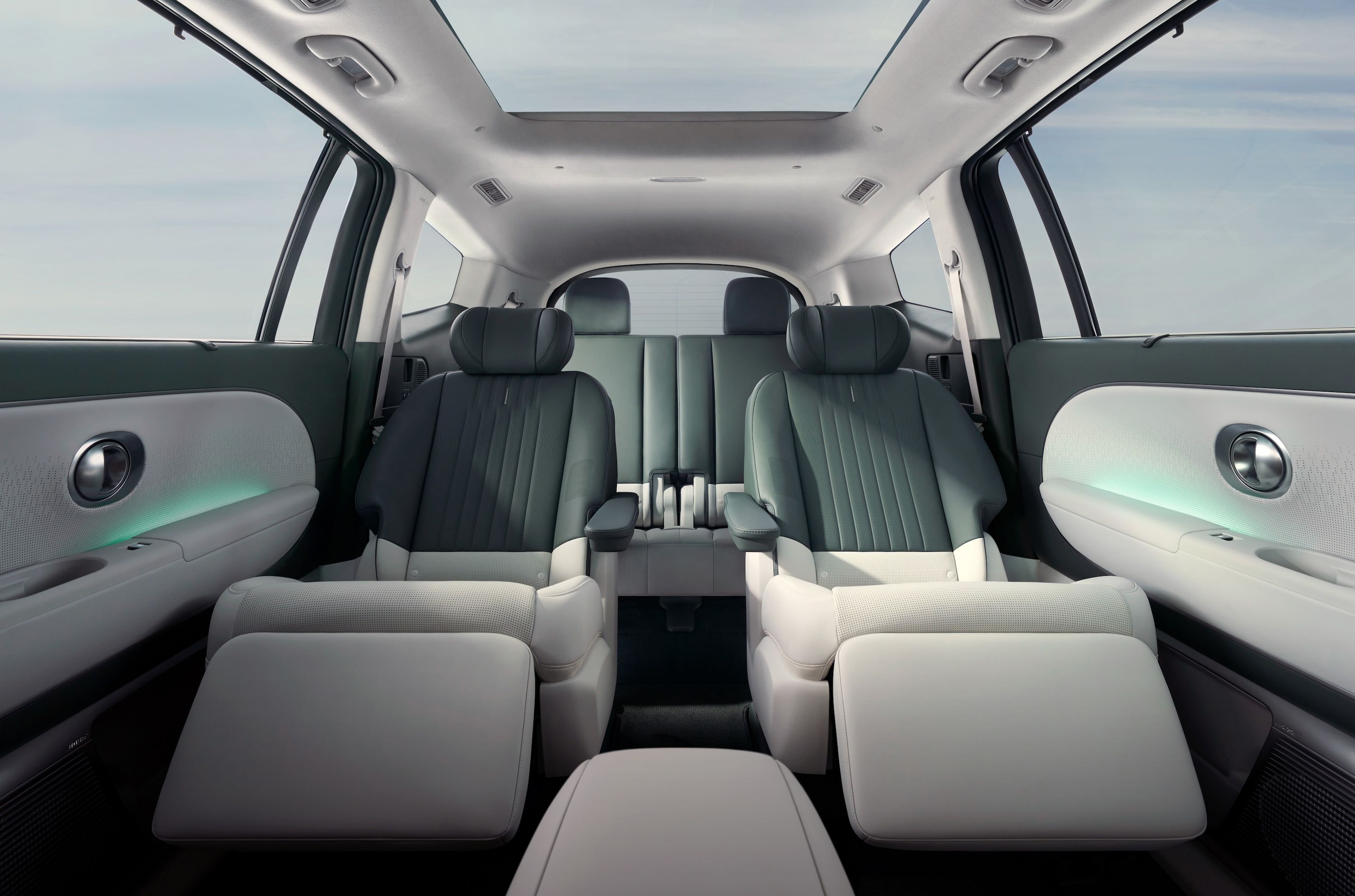 2nd row relaxation seats reclined inside of the Hyundai IONIQ 9 electric SUV.